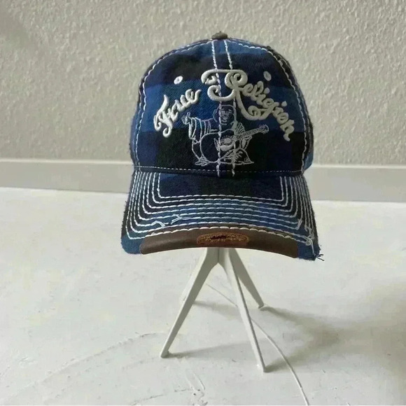 Vintage TRUE RELIGION Hat Distressed Blue Plaid Buddha Baseball Trucker RARE - Picture 5 of 9